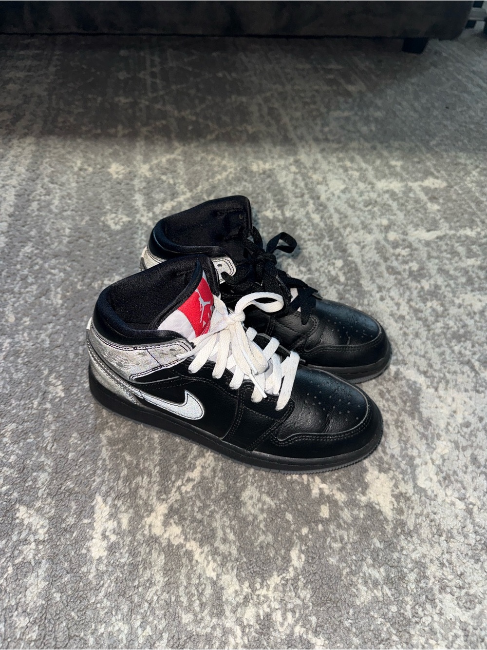 Boys Nike Kids Black, Silver & White High-Top Sneakers with Red Tongue Logo